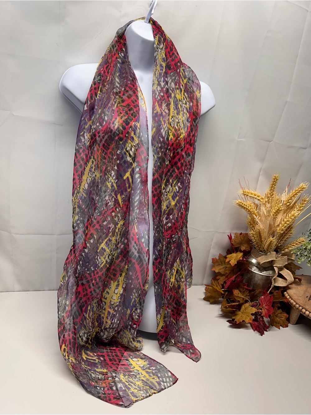 Women's Red, Yellow & Gray Patterned Lightweight Scarf